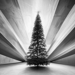 Monochrome architectural photograph of a beautiful Christmas tree inside a large, beautifully structured concrete room.