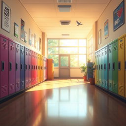 An anime visual novel background depicting an empty school hallway on a sunny day