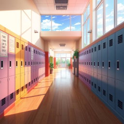 An anime visual novel background depicting an empty school hallway on a sunny day