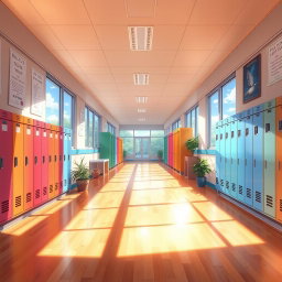 An anime visual novel background depicting an empty school hallway on a sunny day