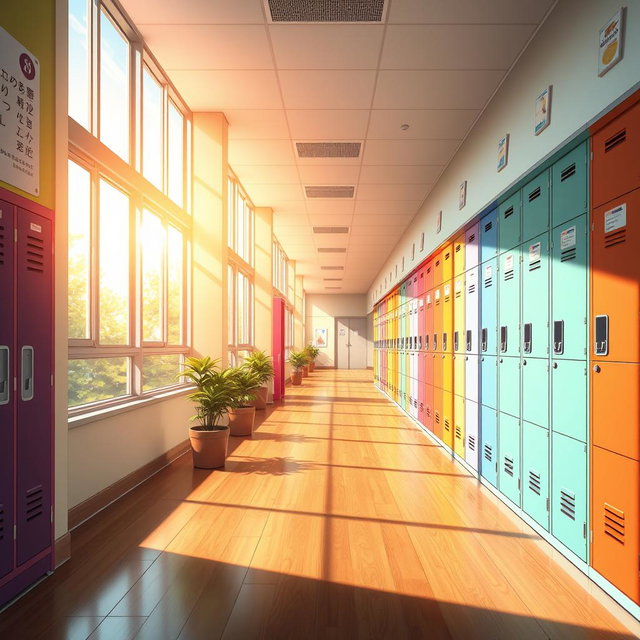 An anime visual novel background depicting an empty school hallway on a sunny day