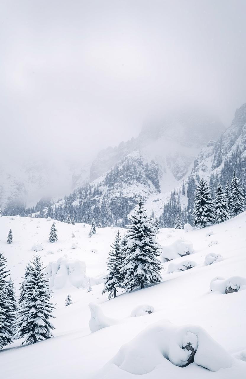 A beautifully dramatic landscape of snow-covered mountains during a fierce snowstorm