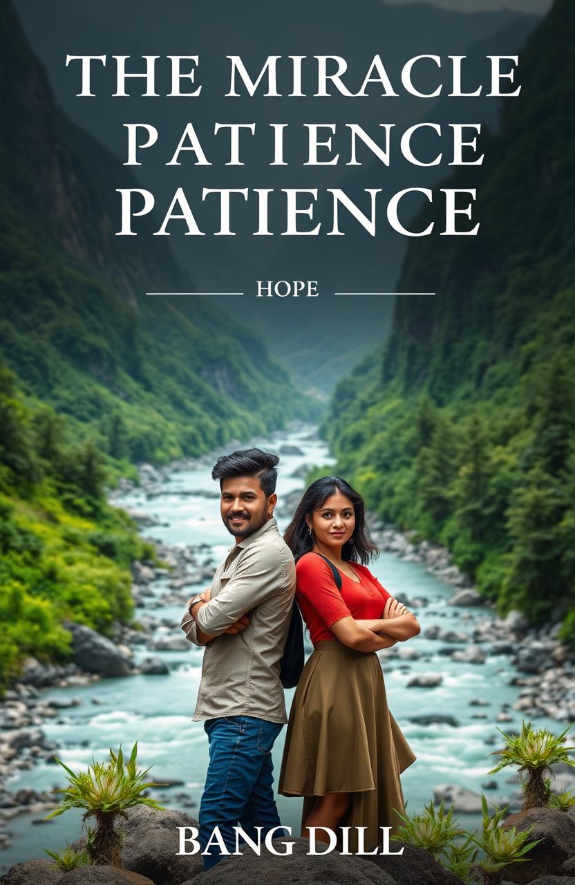 In a picturesque yet shady mountain range, a serene river flows with vibrant greenery surrounding it