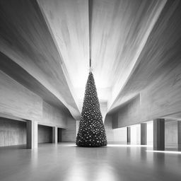 Monochrome architectural photograph of a beautiful Christmas tree inside a large, beautifully structured concrete room.