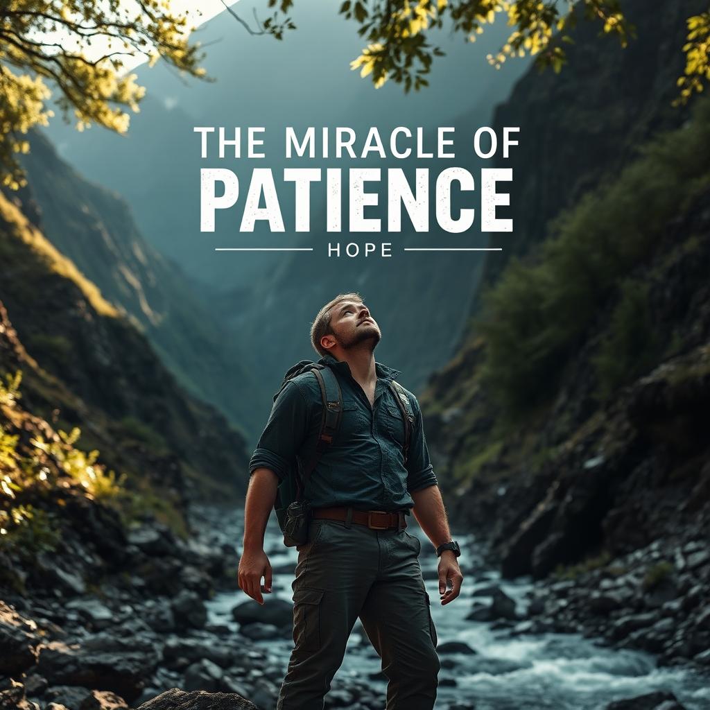 In a dramatic scene capturing the spirit of determination and hope, a man stands resolutely in a shady mountain range with a flowing river nearby