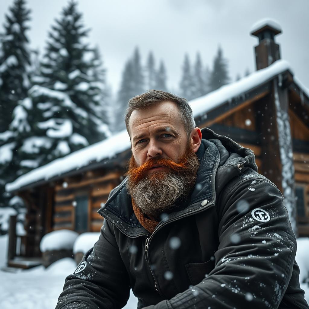 A rugged man with a weathered face and beard, dressed in warm winter clothing, sitting in front of a rustic wooden cabin, surrounded by a heavy snowstorm in the mountains