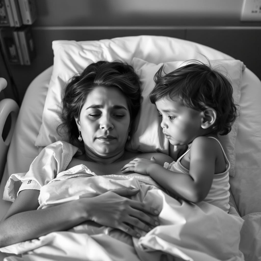 A tender black and white image of a mother lying in a hospital bed, her facial expression conveying vulnerability and strength