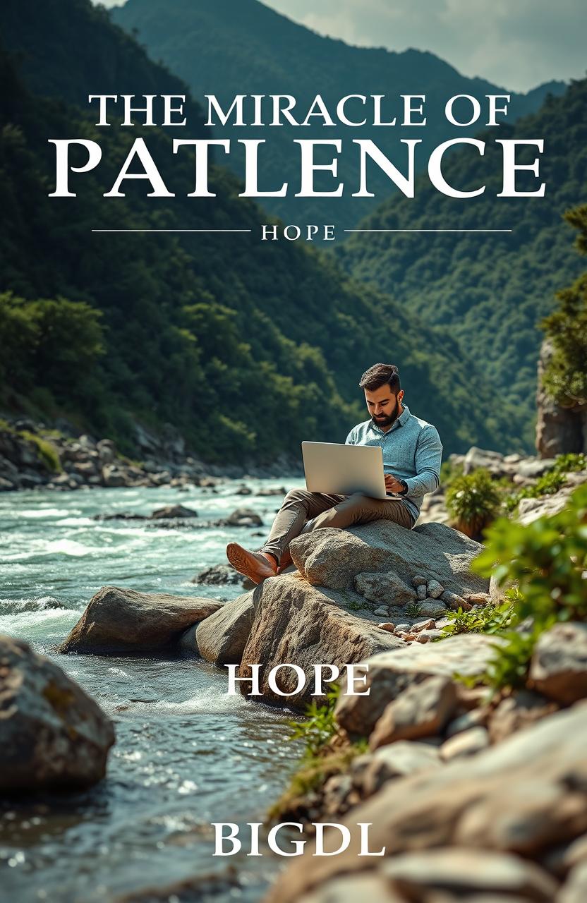 A scene depicting a determined man sitting on a rocky outcrop in a shady mountain range, focused and diligently working on his laptop as he trades Forex
