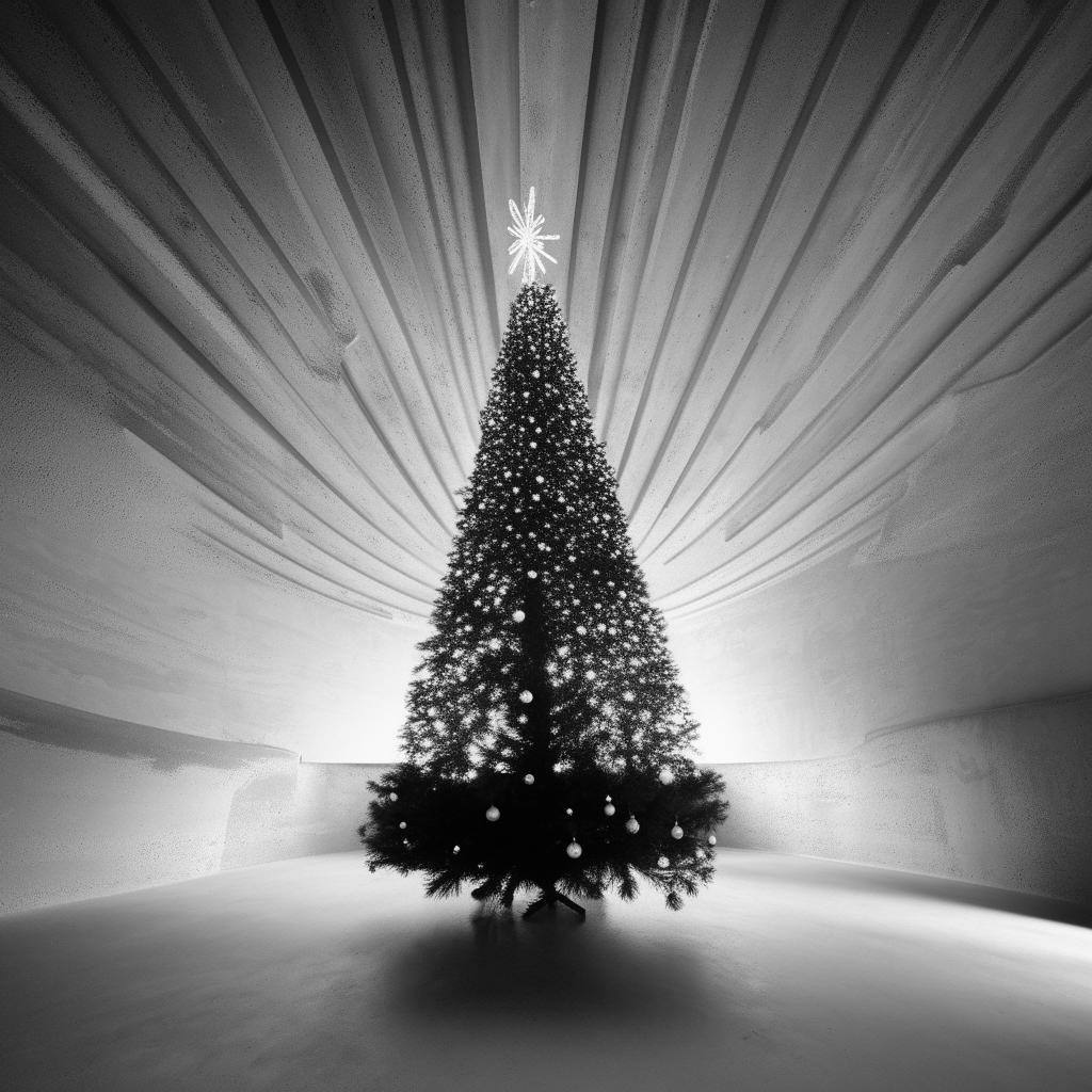 Monochrome architectural photograph of a beautiful Christmas tree inside a large, beautifully structured concrete room.