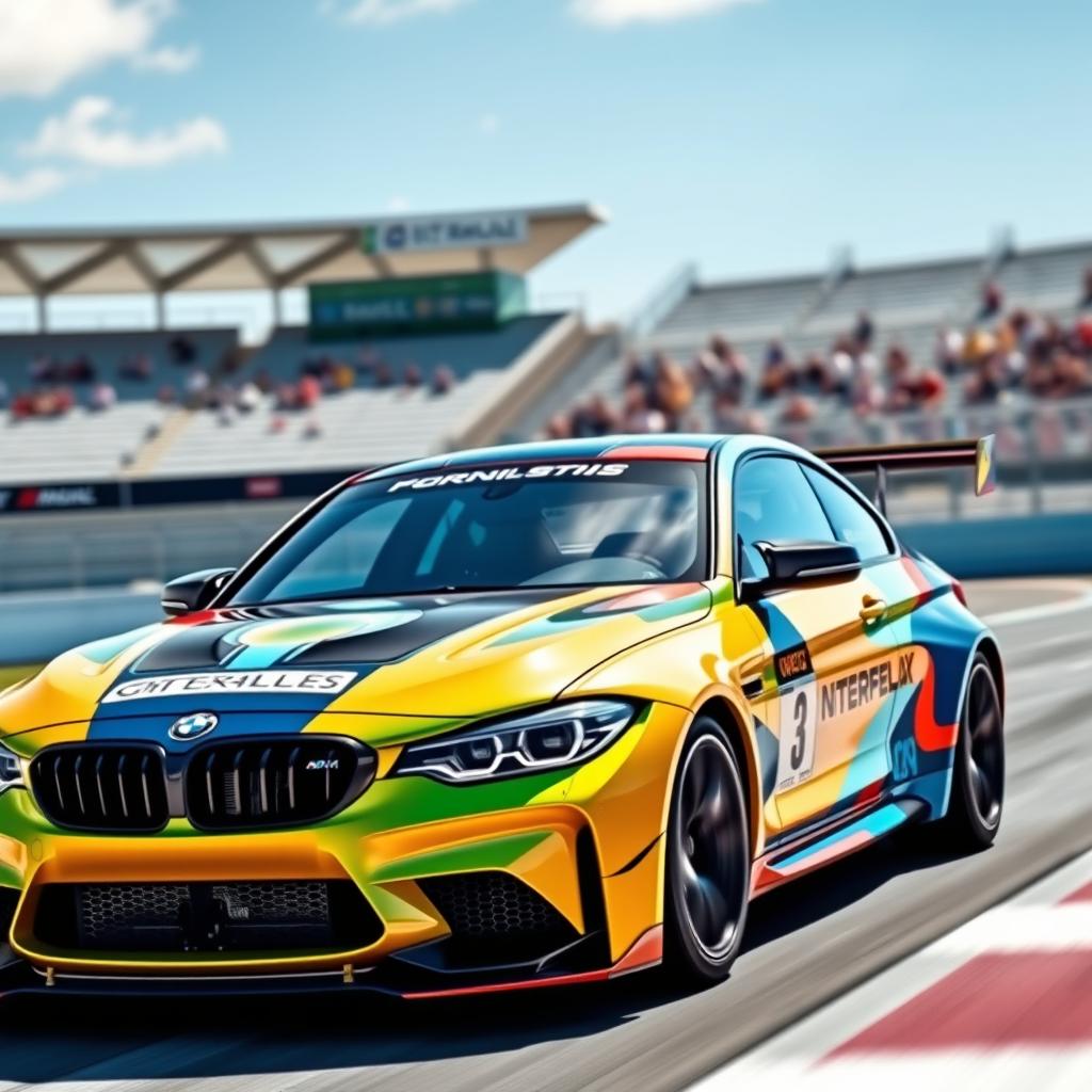 A sleek and aggressive BMW M3 in a vibrant racing livery, speeding on a dynamic racetrack