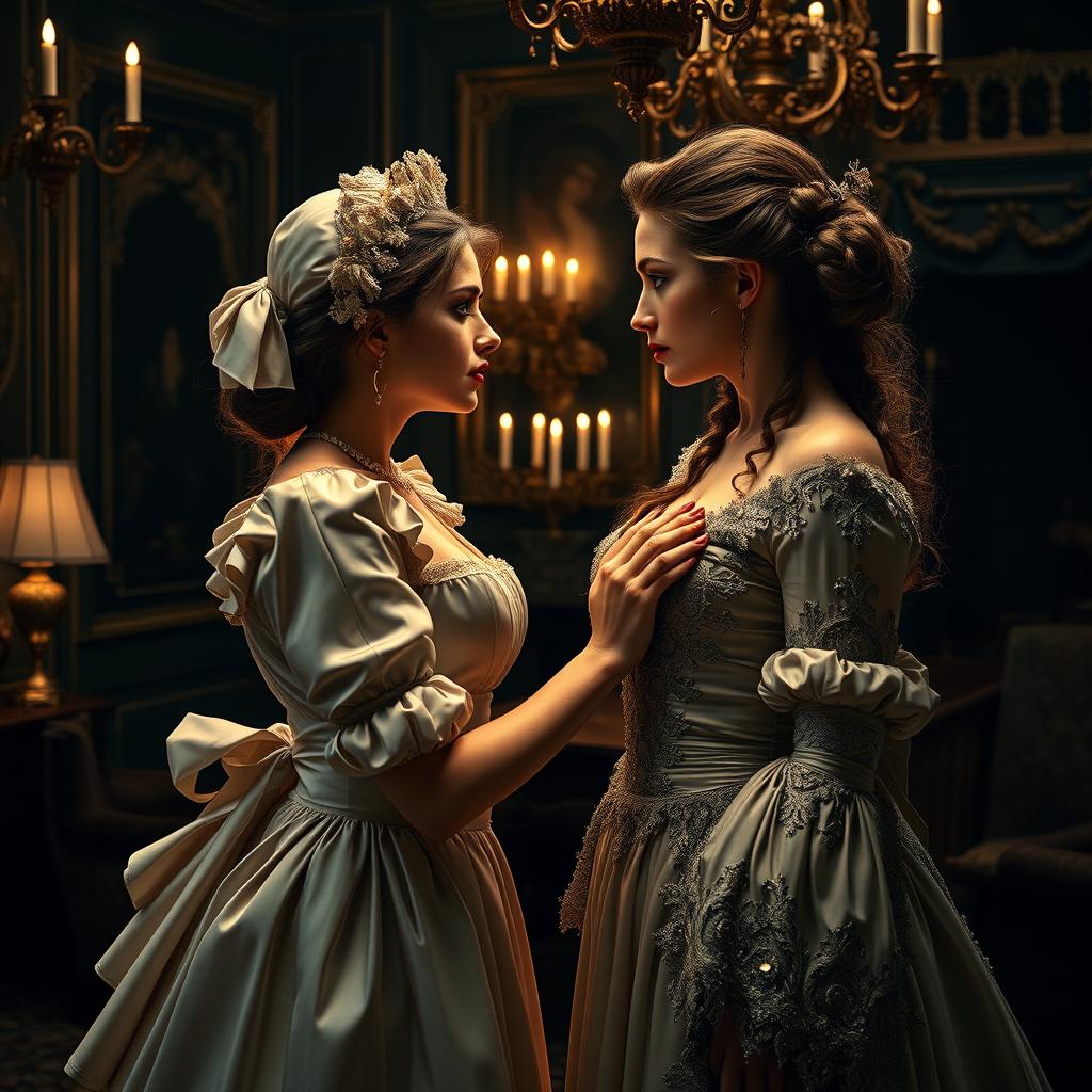 A romantic and intense scene depicting the forbidden love between Lydia, a maid, and her mistress, Evelyn, set in an opulent manor