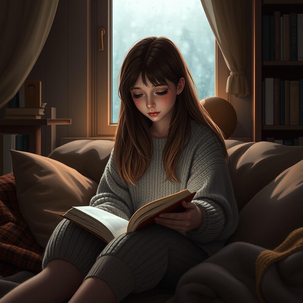 A sad girl sitting alone in a cozy room, tears streaming down her face as she reads a book