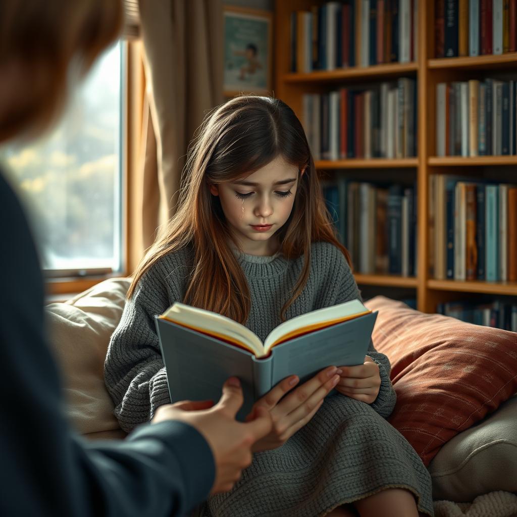 A sad girl sitting alone in a cozy room, tears streaming down her face as she reads a book