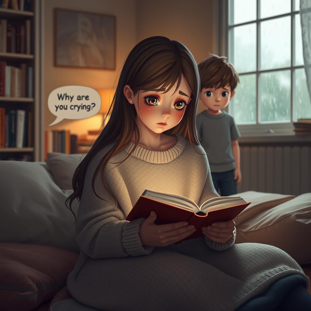 A sad girl sitting alone in a cozy room, tears streaming down her face as she reads a book