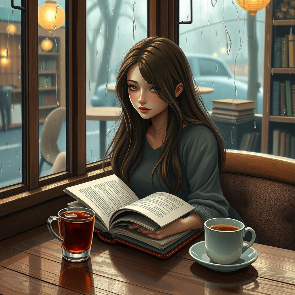 A cozy café scene with rain gently tapping against the window, creating rippling reflections on a wooden table