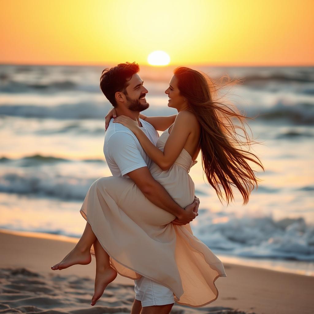 A romantic scene capturing a man lifting a woman by her hips, both smiling and enjoying the moment