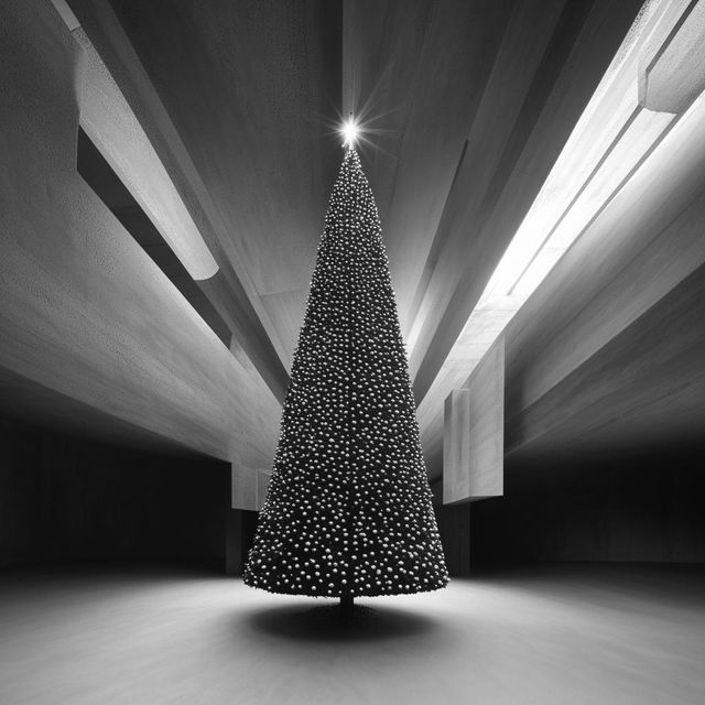 Monochrome architectural photograph of a beautiful Christmas tree inside a large, beautifully structured concrete room.