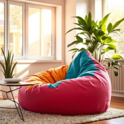 A stylish and cozy beanbag chair in a modern living room, featuring vibrant colors and soft fabric