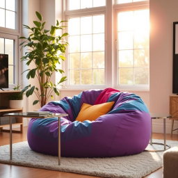 A stylish and cozy beanbag chair in a modern living room, featuring vibrant colors and soft fabric