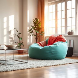 A stylish and cozy beanbag chair in a modern living room, featuring vibrant colors and soft fabric