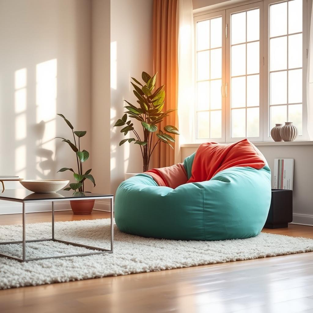 A stylish and cozy beanbag chair in a modern living room, featuring vibrant colors and soft fabric