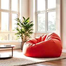 A stylish and cozy beanbag chair in a modern living room, featuring vibrant colors and soft fabric