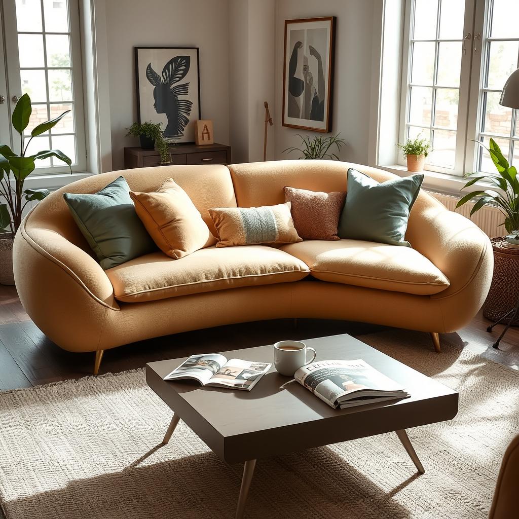 A unique and stylish sand-colored sofa, designed with plush cushions and a sleek modern shape