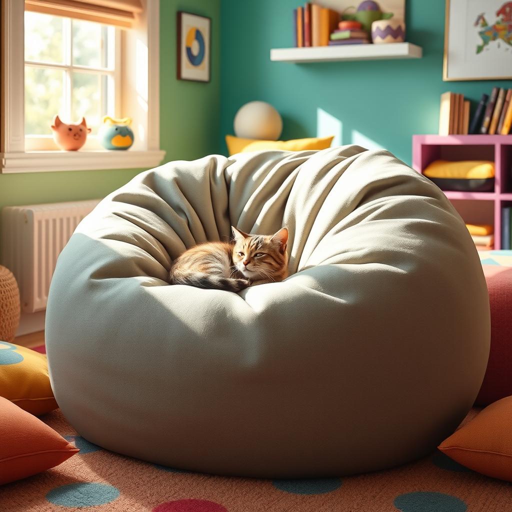 A whimsical scene of a cozy beanbag chair in a brightly colored room, with a playful cat nestled comfortably in the folds of the bag