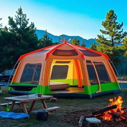 A spacious and durable inflatable camping tent set up in a picturesque outdoor setting, surrounded by trees and a clear blue sky