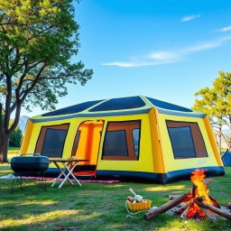 A spacious and durable inflatable camping tent set up in a picturesque outdoor setting, surrounded by trees and a clear blue sky