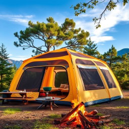 A spacious and durable inflatable camping tent set up in a picturesque outdoor setting, surrounded by trees and a clear blue sky