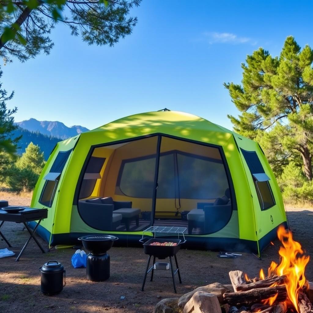 A spacious and durable inflatable camping tent set up in a picturesque outdoor setting, surrounded by trees and a clear blue sky
