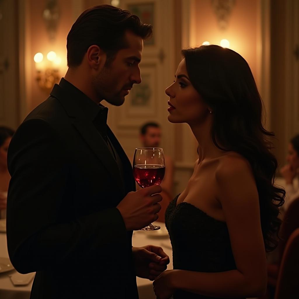 A passionate mafia romance scene taking place in a dimly lit luxurious Italian restaurant