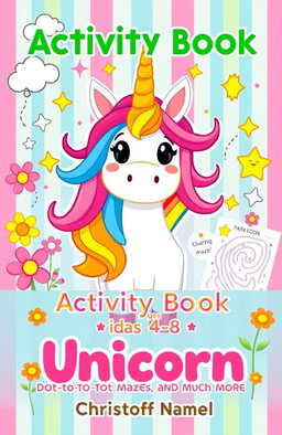 A vibrant and playful cover design for a children's activity book titled "Activity Book for Kids Ages 4-8: Unicorn: Coloring, Dot-to-Dot, Mazes and Much More" by Christoff Namel