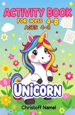 A vibrant and playful cover design for a children's activity book titled "Activity Book for Kids Ages 4-8: Unicorn: Coloring, Dot-to-Dot, Mazes and Much More" by Christoff Namel