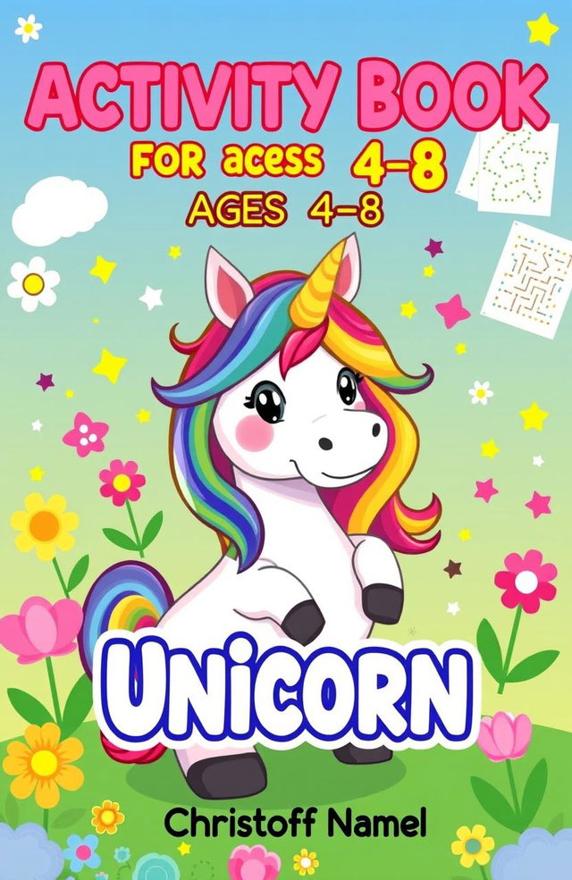 A vibrant and playful cover design for a children's activity book titled "Activity Book for Kids Ages 4-8: Unicorn: Coloring, Dot-to-Dot, Mazes and Much More" by Christoff Namel