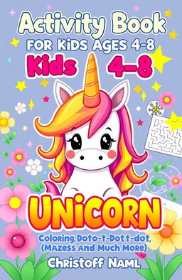 A vibrant and playful cover design for a children's activity book titled "Activity Book for Kids Ages 4-8: Unicorn: Coloring, Dot-to-Dot, Mazes and Much More" by Christoff Namel