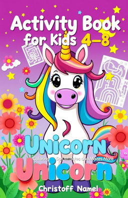 A vibrant and playful cover design for a children's activity book titled "Activity Book for Kids Ages 4-8: Unicorn: Coloring, Dot-to-Dot, Mazes and Much More" by Christoff Namel