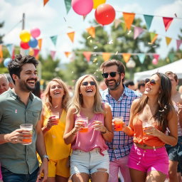 A vibrant scene of a cheerful group of people enjoying a sunny outdoor festival, with colorful balloons and banners in the background