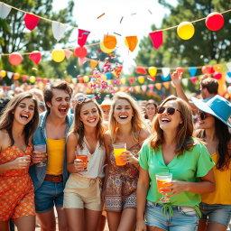 A vibrant scene of a cheerful group of people enjoying a sunny outdoor festival, with colorful balloons and banners in the background