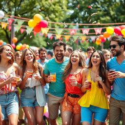 A vibrant scene of a cheerful group of people enjoying a sunny outdoor festival, with colorful balloons and banners in the background