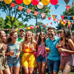 A vibrant scene of a cheerful group of people enjoying a sunny outdoor festival, with colorful balloons and banners in the background