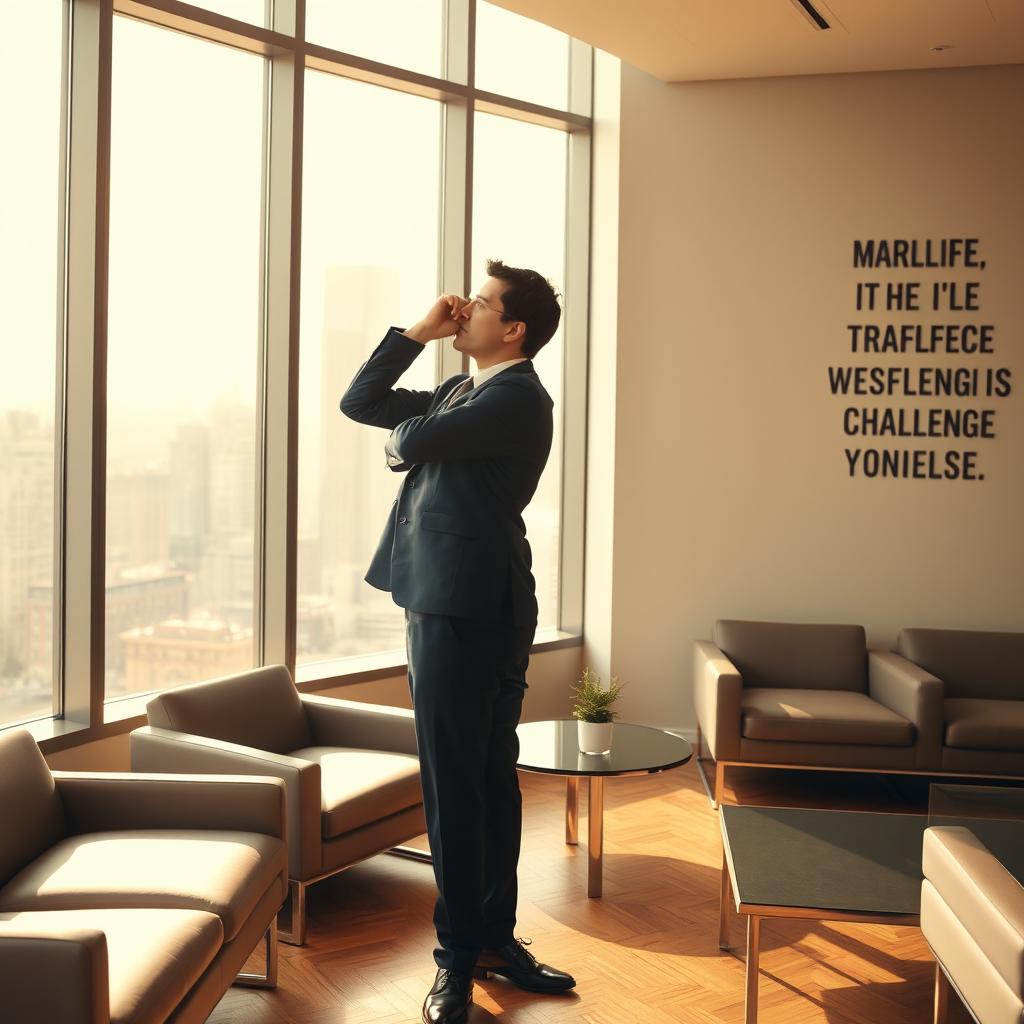 A determined businessperson standing in a modern office, looking out of a large window with a thoughtful expression