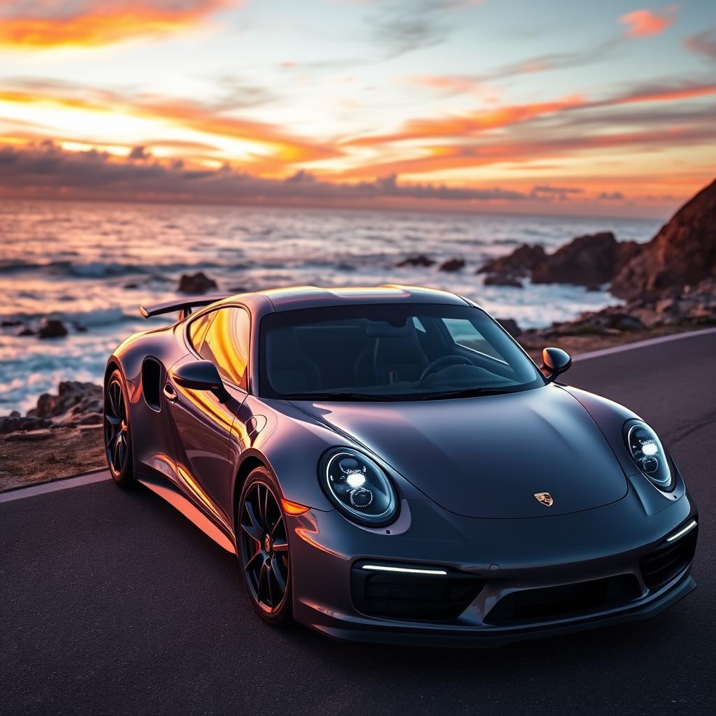 A high-definition image of a sleek and luxurious Porsche sports car parked on a scenic coastal road during sunset, showcasing its glossy paint and aerodynamic design