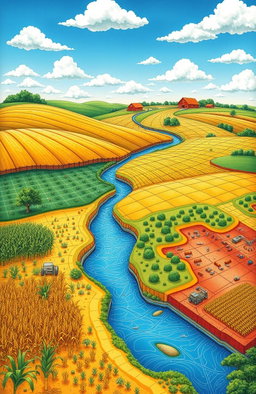 A detailed and colorful illustration of agricultural cartography featuring various crops, fields, and topographical maps