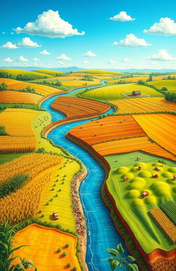 A detailed and colorful illustration of agricultural cartography featuring various crops, fields, and topographical maps