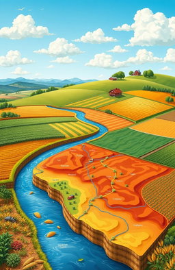 A detailed and colorful illustration of agricultural cartography featuring various crops, fields, and topographical maps