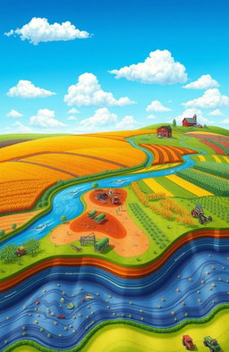A detailed and colorful illustration of agricultural cartography featuring various crops, fields, and topographical maps