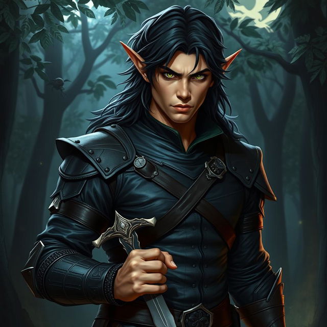 A striking male elf rogue, clad in dark leather armor that hugs his athletic frame, with intricate stitching and subtle hints of green and silver embellishments