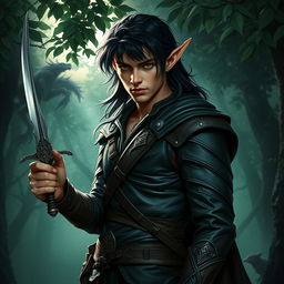 A striking male elf rogue, clad in dark leather armor that hugs his athletic frame, with intricate stitching and subtle hints of green and silver embellishments